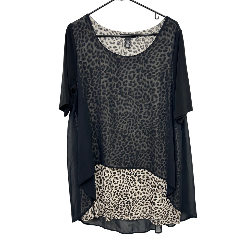 Style & Co Sheer Leopard Chiffon Tunic Top L‎ Black Asymmetrical Y2K Mob Wife